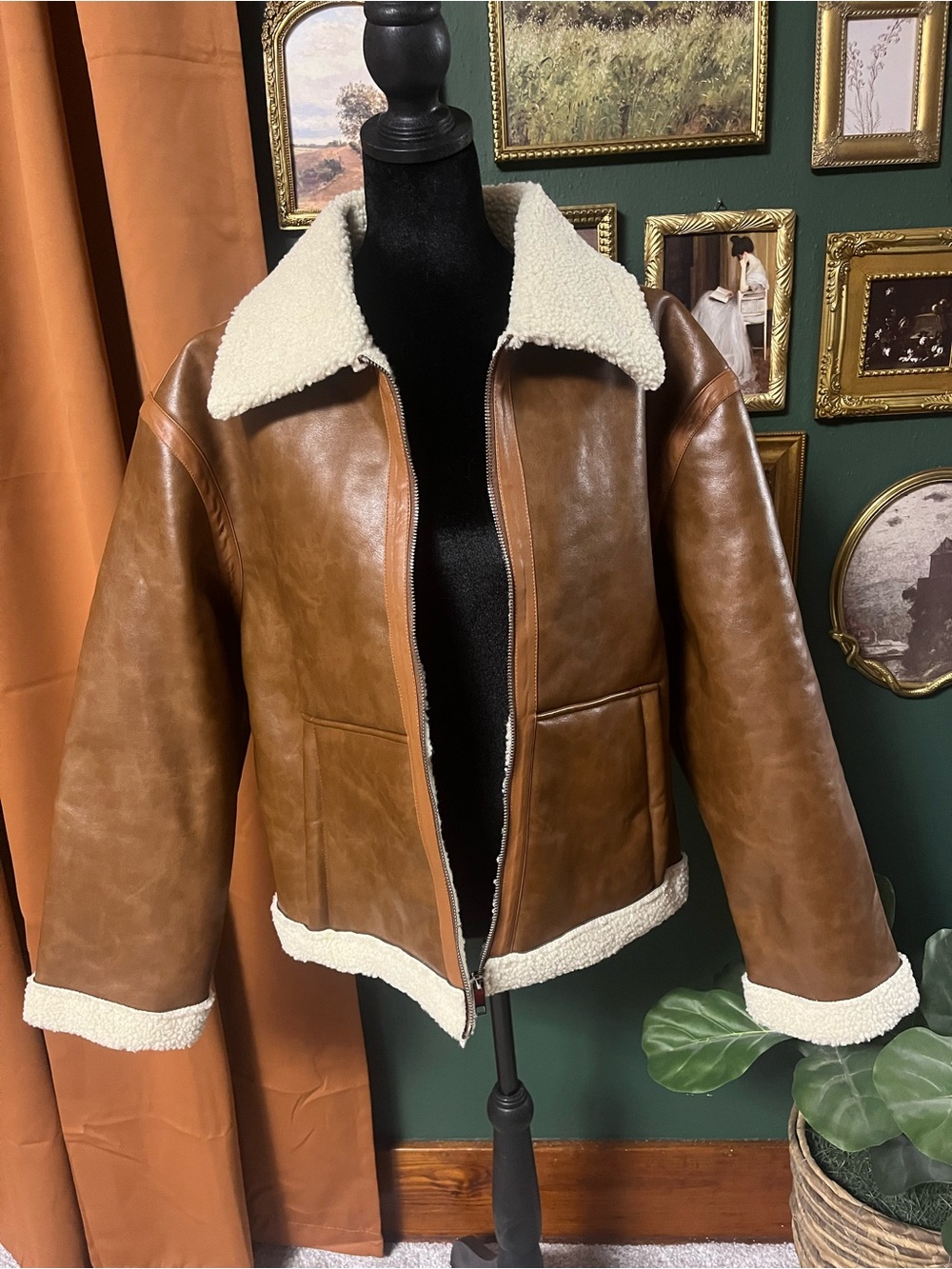 Wanna B Me Brown Oversized Faux Leather Sherpa Aviator Jacket